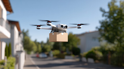 Autonomous delivery drone flying package, futuristic concept for modern shipping. This efficient technology provides contactless transport