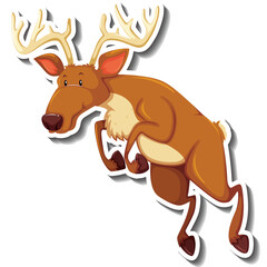 Brown Cartoon Reindeer with Antlers Jumping Mid Air on Transparent Background with Shadow Outline