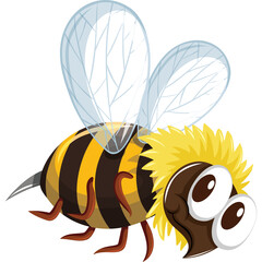 Cartoon Bee Insect With Black Yellow Stripes And Big Eyes In White Background Isolated