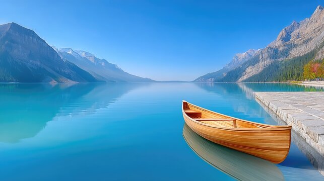 A Wooden Canoe Rests Gently on a Calm Turquoise Lake With Snow Capped Mountains and Verdant Trees Under a Clear Blue Sky - Powered by Adobe