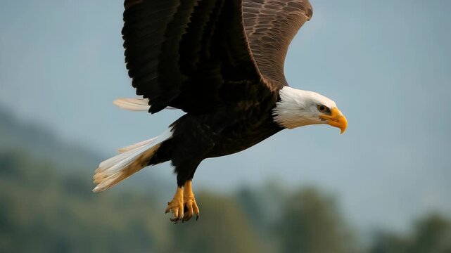 Majestic bald eagle soaring with wings spread wide, captured in a dynamic side angle. Perfect for a nature-themed video or wildlife project. Live desktop wallpaper.