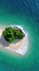 Aerial View Of A Small Tropical Island Lush Green Tree On Sandy Beach With Turquoise Water And Sparkling Sunlight
