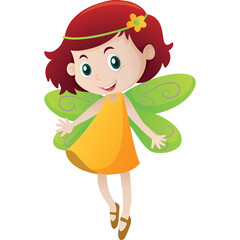 Cartoon Fairytale Fairy Girl With Red Hair Orange Dress And Green Wings Floating With Happy Expression On Transparent Background