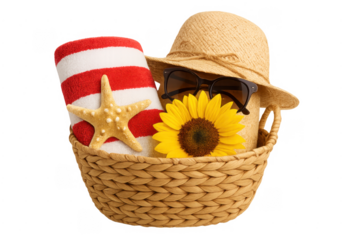 Beach bag with summer items on transparent background