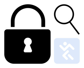 Secure padlock, magnifying glass, and exit sign for protection, investigation, and emergency emphasis. Ideal for privacy, safety, escape, surveillance data protection access control security