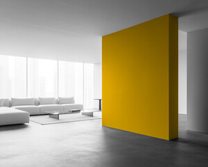 Modern Interior With Yellow Partition Wall and White Sofa