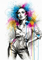 Fototapeta premium Fashion illustration of a stylish woman. Hand-drawn sketch combined with abstract watercolor splashes. Confident female character in modern, elegant clothing.