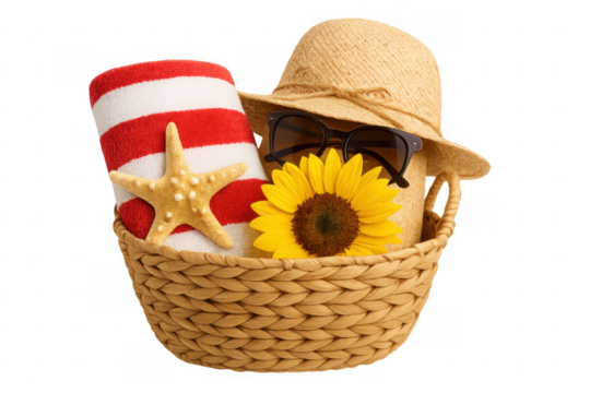 Beach bag with summer items on transparent background