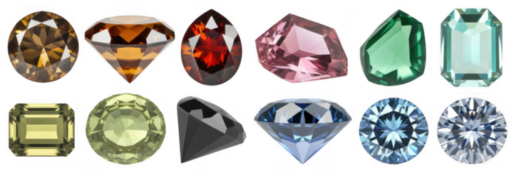 Assorted faceted gemstones sparkling isolated on a transparent background