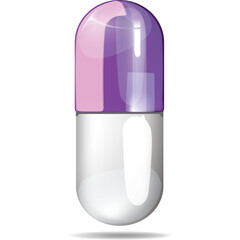 Close up of a single purple and white capsule on a transparent background with soft shadow beneath showing medical health and pharmaceutical concepts