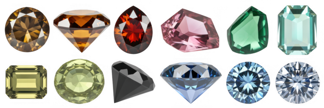 Assorted faceted gemstones sparkling isolated on a transparent background