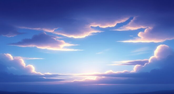 A serene, ethereal sky with fluffy, wispy clouds and a soft, golden light illuminating the horizon. - Powered by Adobe