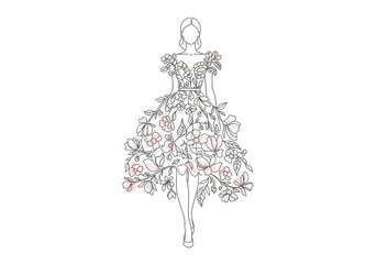 Obraz premium Elegant line art of woman in dress made of flowers. Beautiful bride in floral ball gown. Ideal for coloring books, wedding invitations, and fashion illustration.