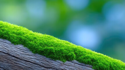 Close-up of vibrant green moss growing on rough textured tree bark with a soft blurred background of green foliage and blue sky suggesting a forest environment in daylight.