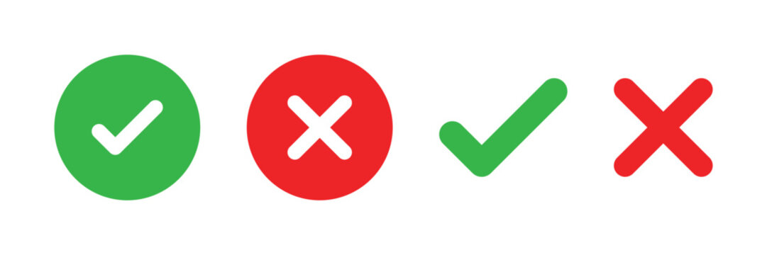 Check mark icons. green check mark and red cross mark icon set. green tick and red x. Symbols of approval and Decline, vector illustration