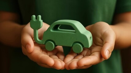 Close-up shot of hands holding a green toy car with a plug, symbolizing eco-friendly transport. Ideal for a video on sustainable technology. Live desktop wallpaper.