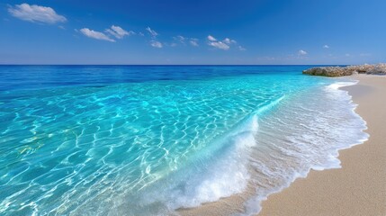 Crystal Clear Turquoise Ocean Water Gentle Waves Lap Onto A Sun Drenched Pebble Beach Under A Bright Blue Summer Sky With Scattered Clouds