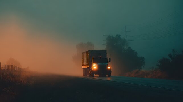 Truck driving on a quiet road surrounded by misty scenery during early morning hours in a serene landscape