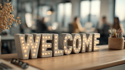 Welcome sign with illuminated letters on a wooden desk in a modern office space