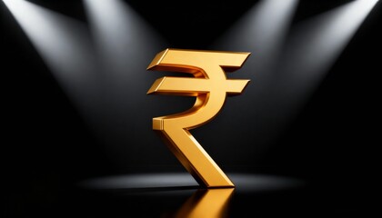 Golden rupee symbol under studio spotlights