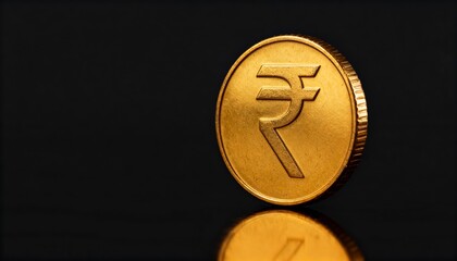 Indian Rupee gold coin on black background