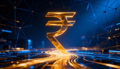 Digital Indian Rupee Symbol with Glowing Network Lines