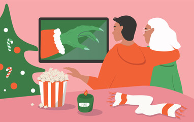Flat style vector illustration. Couple watching movies on Christmas Eve. TV, popcorn, and candy.