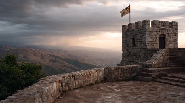 Majestic stone fortress overlooking a mountainous landscape at dusk with a flag fluttering in the gentle rain