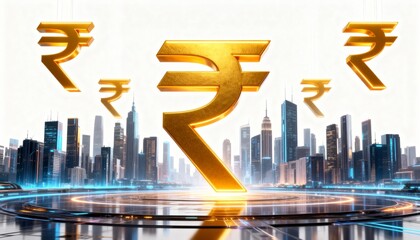 Golden Rupee Over Futuristic City