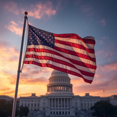 An American flag waves in front of the U.S. Capitol building at sunset, symbolizing patriotism and national pride.