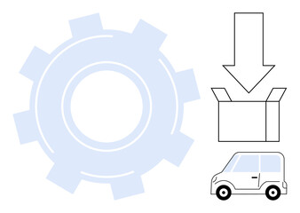 Gear behind a down arrow pointing to an open box and a car symbolizing automation, logistics, supply chain, warehousing, product delivery, manufacturing, modern transport, simple flat metaphor