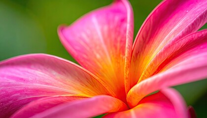 Fototapeta premium Vibrant Pink Plumeria Flower Macro Shot with Yellow Center and Dew Drops Detailed Petals and Blurred Green Background