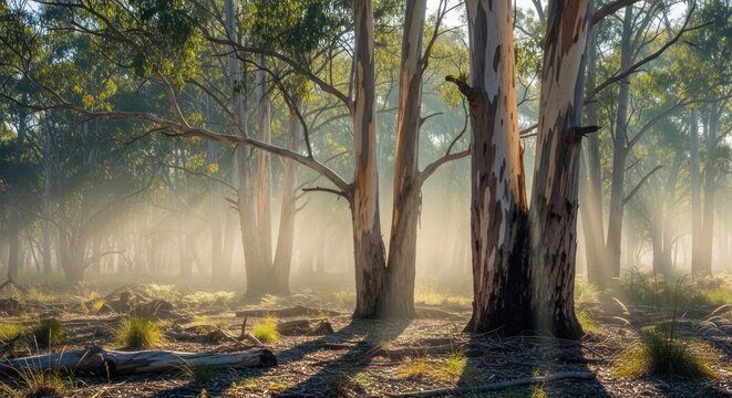 A misty forest with tall trees and sunlight filtering through the branches. - Powered by Adobe