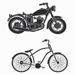 Fototapeta premium Silhouette of a classic motorcycle and a cruiser bicycle on a white background