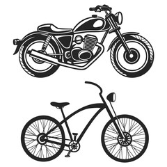 Obraz premium Classic motorcycle and cruiser bicycle silhouettes on a white background