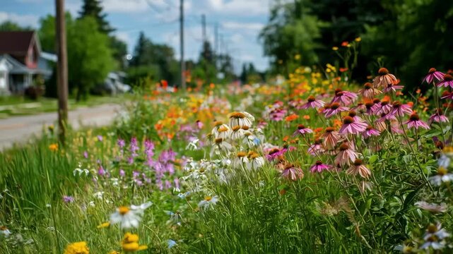 Medium shot of seasonal pollinator strip with blooming flowers changing colors demonstrating adaptive planting strategies for yearround pollinator support and biodiversity.