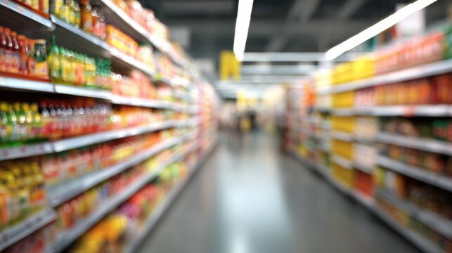Shelves stocked with colorful products in a busy supermarket during shopping hours on a typical afternoon - Powered by Adobe