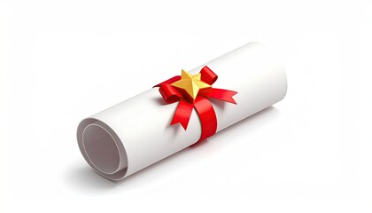 Diploma scroll tied with red ribbon and gold star on white