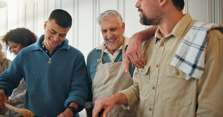Grandfather, family or cooking in kitchen with smile, traditional recipe and thanksgiving dinner....