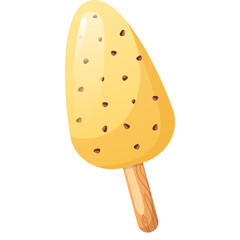 Yellow popsicle with chocolate chips on a wooden stick frozen dessert isolated on white background simple illustration flat design