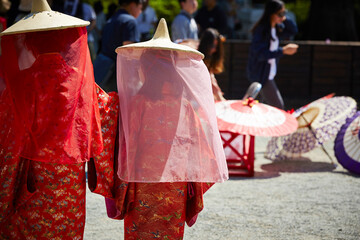 Back view of people wearing traditional costumes at a tourist site