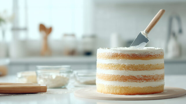 Unfinished Cake, A minimalist photo of a layer cake being frosted, with a spatula resting on the side. The background is a clean, out-of-focus kitchen. Process and creation concept.