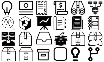 A minimal and modern startup vector, icon set representing essential business elements like idea, innovation, planning, success, and vision. Perfect for use in business presentations, pitch decks
