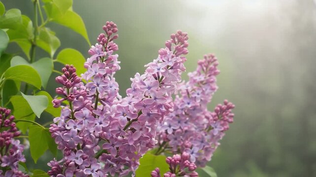 Close-up of a fragrant purple lilac bush blooming in soft focus lighting during springtime, emphasizing color and texture