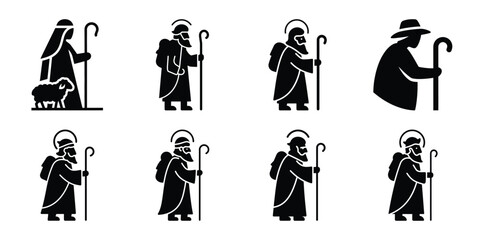 shepherd with staff silhouette vector icon set