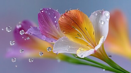 Close-up macro view of delicate flower petals with vibrant purple and yellow hues glistening with water droplets under soft lighting creating a refreshing and serene atmosphere