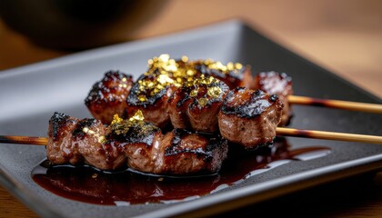 Exquisite presentation of grilled meat skewers adorned with edible gold leaves, served on a dark,
