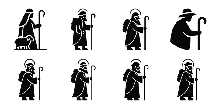 shepherd with staff silhouette vector icon set