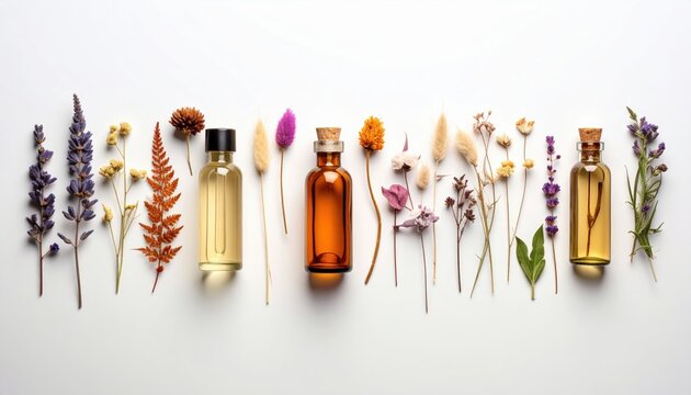 Bottles with flowers and herbs on white background aesthetic arrangement of various bottles delicate flowers fresh herbs on clean white surface