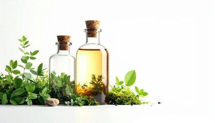 Olive oil bottle and fresh herbs close up of olive oil bottle beside fresh culinary herbs perfect for food and health content